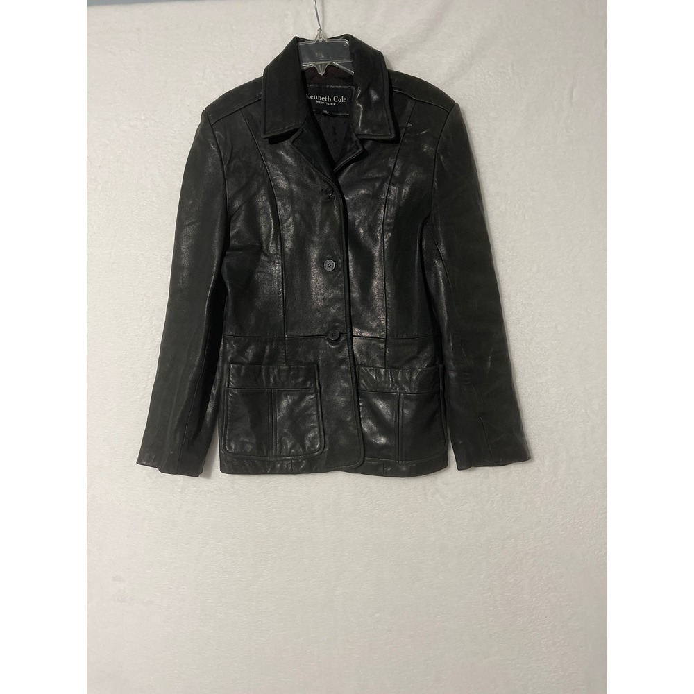 Kenneth Cole New York Womens Black  Leather Button Front Blazer Jacket Small